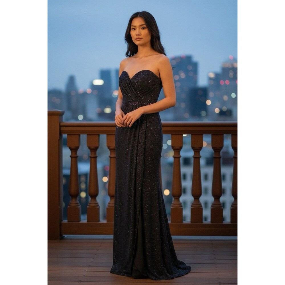 Vicky Tiel Black Sequin Strapless Evening Gown Dress Size 8 Long Formal HOCO